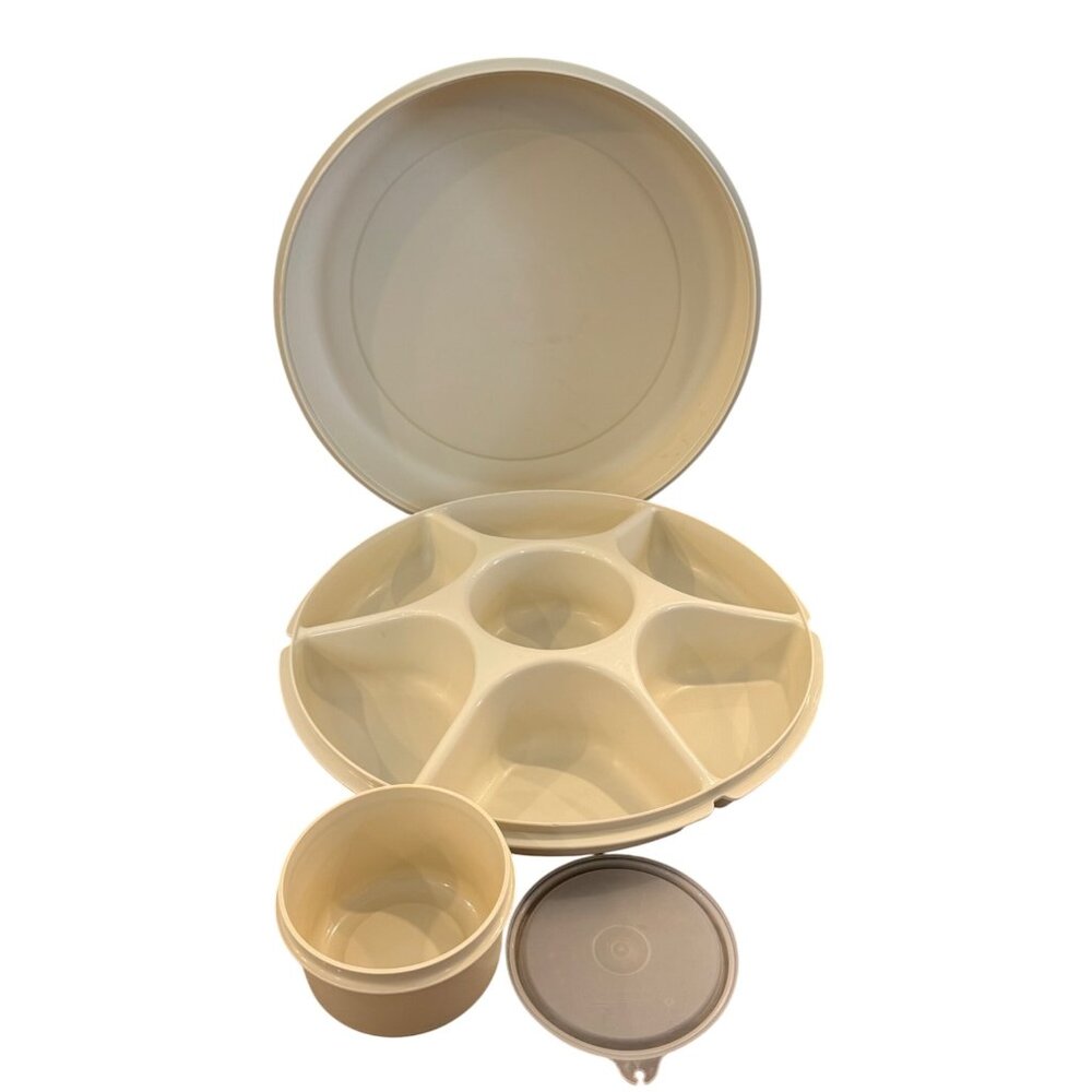 vintage Tupperware Round Relish Tray Beige 14-Inch Divided Serving Platter With